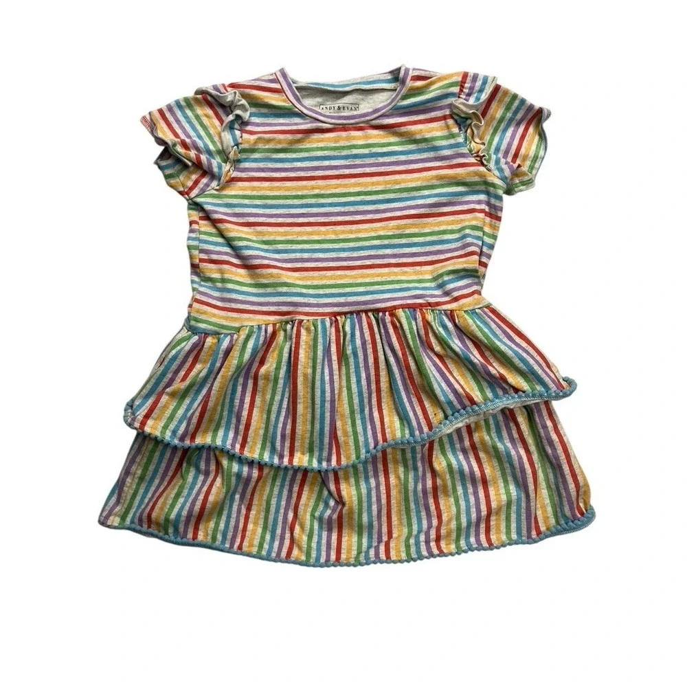 Andy & Evan‎ Girls Rainbow Stripe Tiered Ruffle Pom Pom Trim Dress Size 6 HSS23E